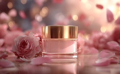 Luxurious face cream with rose petals, Face cream jar with rose petals in the air.Makeup face skin cream with rose flower petals. generative ai