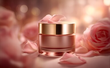 Luxurious face cream with rose petals, Face cream jar with rose petals in the air.Makeup face skin cream with rose flower petals. generative ai