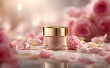Luxurious face cream with rose petals, Face cream jar with rose petals in the air.Makeup face skin cream with rose flower petals. generative ai