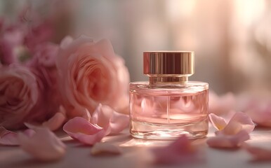 Luxurious face cream with rose petals, Face cream jar with rose petals in the air.Makeup face skin cream with rose flower petals. generative ai