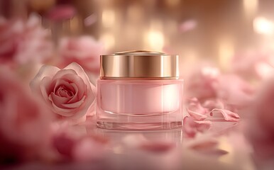 Luxurious face cream with rose petals, Face cream jar with rose petals in the air.Makeup face skin cream with rose flower petals. generative ai