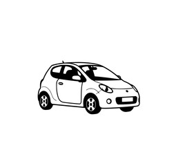 Compact Car Line Art: A simple black and white illustration of a small hatchback car, perfect for design projects needing a clean, modern vehicle image.