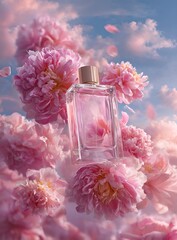 Luxury Perfume Bottle rests on Beautiful pink peony flowers in the sunny day, floral backgroundrock, showcasing luxurious texture and high contrast with perfect symmetry in soft lighting.generative ai