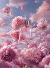 Luxury Perfume Bottle rests on Beautiful pink peony flowers in the sunny day, floral backgroundrock, showcasing luxurious texture and high contrast with perfect symmetry in soft lighting.generative ai