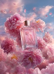 Luxury Perfume Bottle rests on Beautiful pink peony flowers in the sunny day, floral backgroundrock, showcasing luxurious texture and high contrast with perfect symmetry in soft lighting.generative ai
