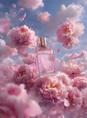 Luxury Perfume Bottle rests on Beautiful pink peony flowers in the sunny day, floral backgroundrock, showcasing luxurious texture and high contrast with perfect symmetry in soft lighting.generative ai