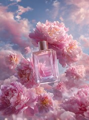 Luxury Perfume Bottle rests on Beautiful pink peony flowers in the sunny day, floral backgroundrock, showcasing luxurious texture and high contrast with perfect symmetry in soft lighting.generative ai