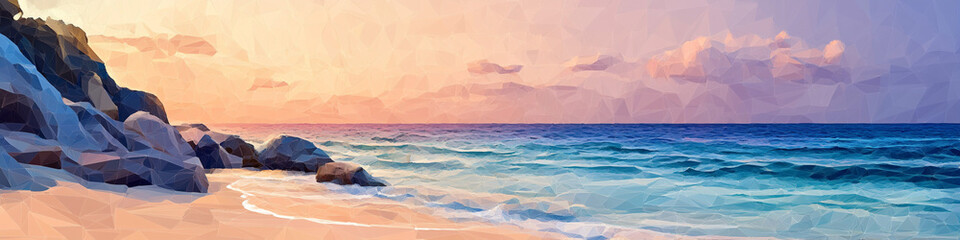 Calm polygonal beachscape with soft gradient sea horizon