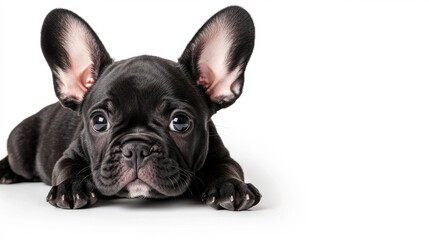 Fototapeta premium Charming French bulldog puppy with oversized ears and a playful pose, cut out on a white background. 