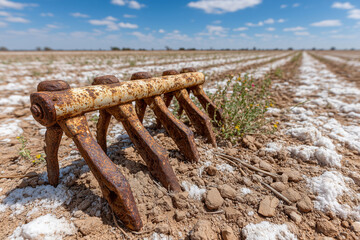 rusted farming tool buried halfway in dust, abandoned agriculture on depleted land