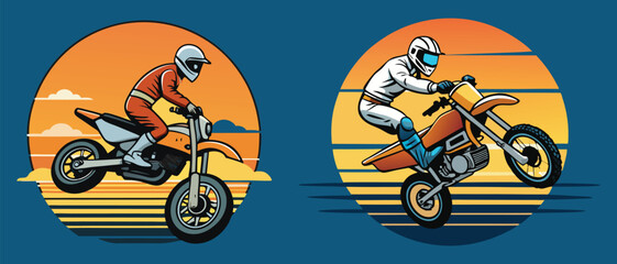 Vector art of two motocross riders soar through the air at sunset in a dynamic vector illustration