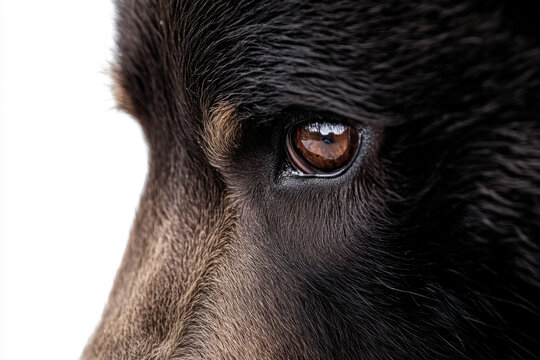 Close-up of a brown grizzly bear with intense eyes and a thick coat, isolated on a plain white background.