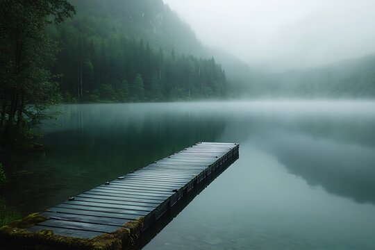 Serene misty lake morning: wooden dock, tranquil forest reflection. - Powered by Adobe