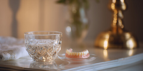 The dentures next to the glass of water on the bedside table.