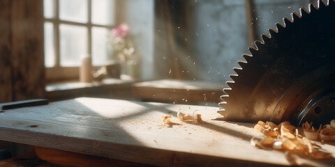 Vintage saw on wooden table with wood shavings in workshop light