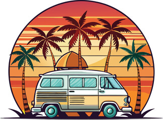 Vector art of a retro camper van parked on a tropical beach at sunset