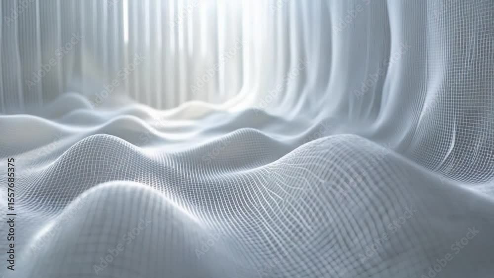 Poster Abstract Soft Ripples: An ethereal depiction of smooth, flowing fabric or material forms gentle, undulating waves, bathed in soft, diffused light creating a serene and minimalist environment.