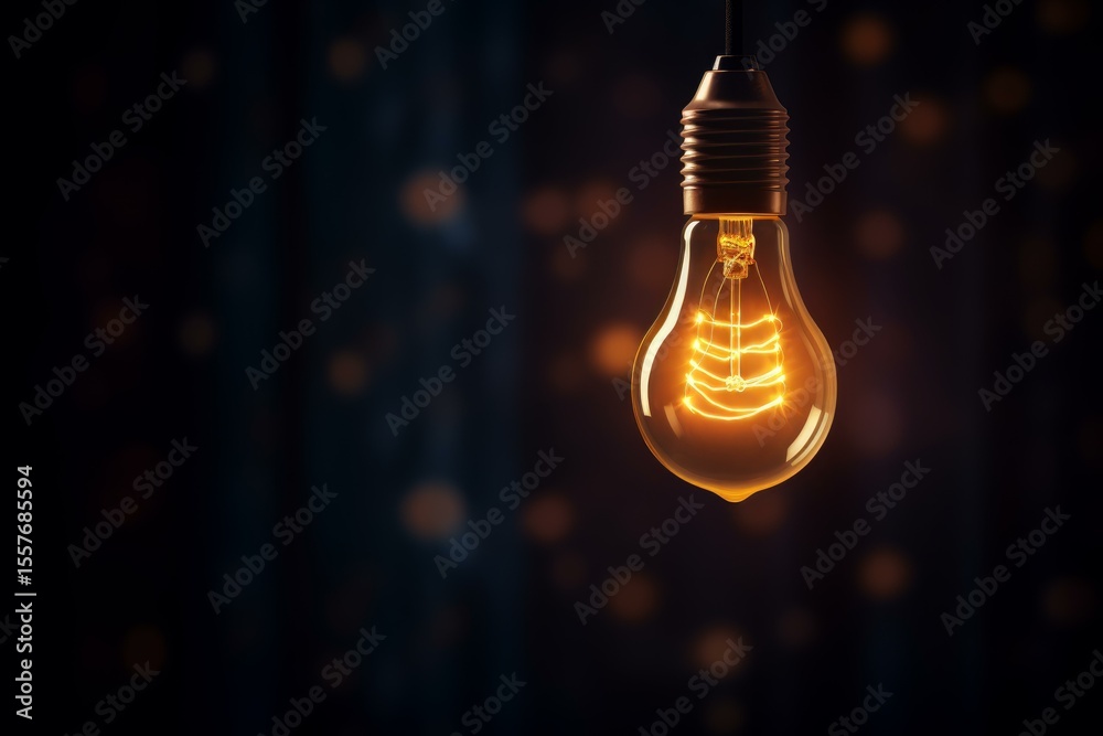 Poster glowing lightbulb illuminates dark room, creating warm and inviting atmosphere with bokeh effect in 