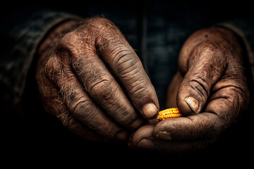 shriveled corn kernel held between weathered fingers, symbol of crop loss from extreme heat