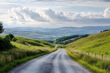 Serene Scottish Highlands road, verdant hills, and dramatic cloudy sky.