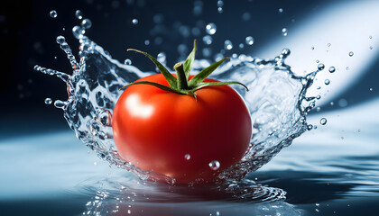 A single perfect tomato levitating in mid-air with a splash of water around it, high-speed photography style, dynamic composition