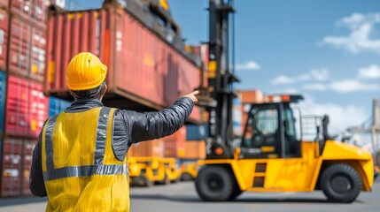 Logistics Staff Guiding Forklift at Busy Cargo Port