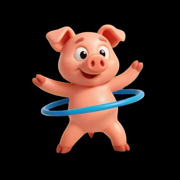 Cute pig hula hooping animation isolated asset, transparent 4K video, alpha channel, ProRes 4444