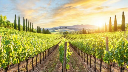 Vineyard Fields at Sunset with Tall Cypress Trees and Rolling Hills