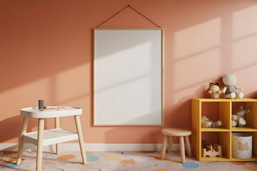 Cozy children s room with a blank picture frame and stuffed animals