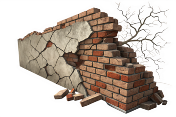 Cracked plaster revealing weathered red brick wall with loose bricks and bare branches isolated on a transparent background