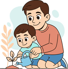 Flat vector of father and son gardening together. Concept of family, care, and ecological education