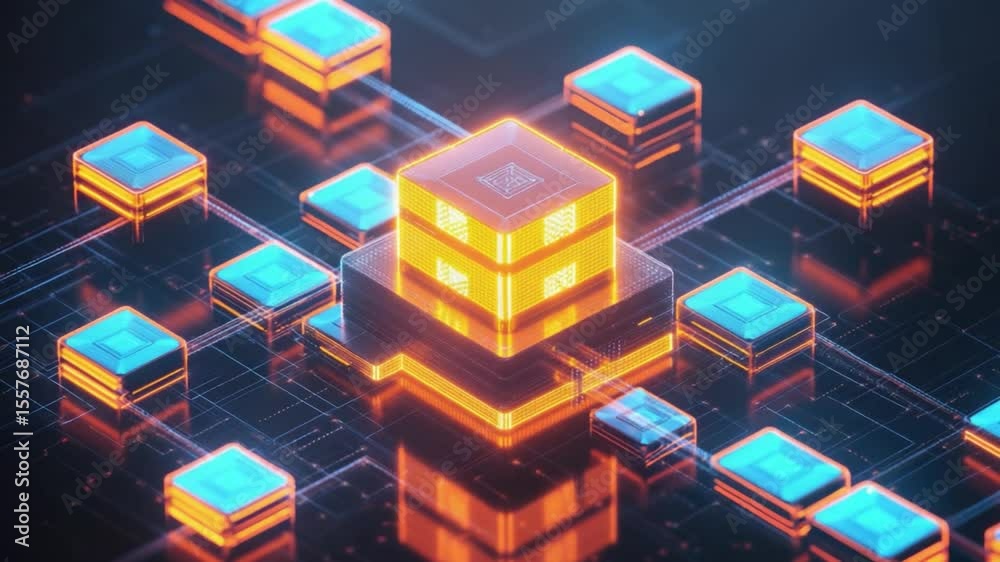 Poster cybernetic core: a central glowing orange cube, the core of a complex cybernetic network, is surroun