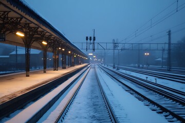 Fototapeta premium Serene winter twilight at a snow-covered railway station platform.