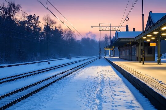 Serene winter sunrise at a snow-covered railway station platform.