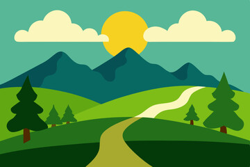 Stylized flat design landscape with rolling green hills and a winding path