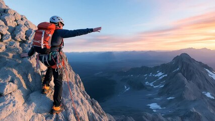 Climber in full climbing gear climbs to the top of a mountain with a breathtaking panoramic view of mountain ranges and clouds. Concept of overcoming, fortitude and active recreation. There is copy sp