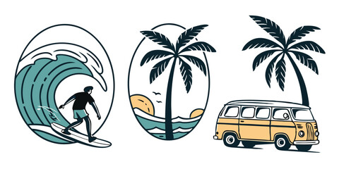 Beach Vibes: Surf, Palm Trees, and Van Illustration in Retro Style