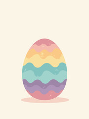 Clean vector Easter poster with a single, large egg decorated with modern, wavy stripes, in pastel rainbow colors on a white background