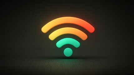 Glowing, gradient-colored, wifi symbol emitting light on dark background