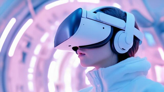 Immersive VR Experience: Person wearing a sleek virtual reality headset, ready to explore boundless digital realms.