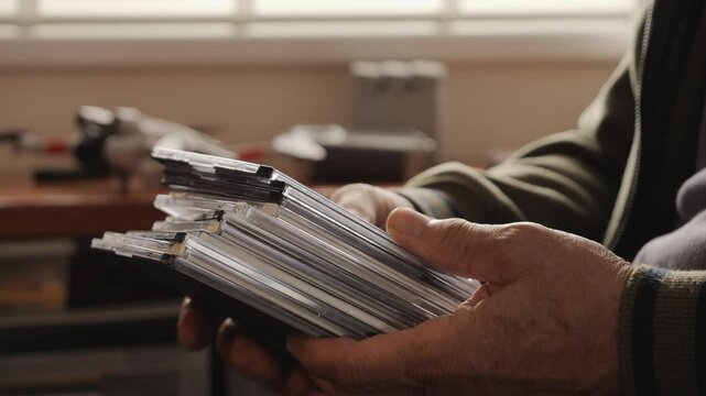 Senior hands sorting a stack of CD cases in warm indoor light, nostalgic media collection moment.
