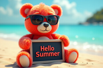 Red teddy bear with sunglasses holding "Hello Summer" board, sitting on sunny beach sand
