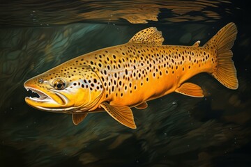 Naklejka premium Large brown trout swimming underwater with open mouth and visible teeth