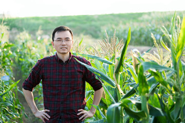 Young man farmer standing in corn field