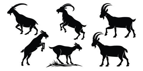 Silhouette Goats in Various Poses, Black and White Vector Illustration