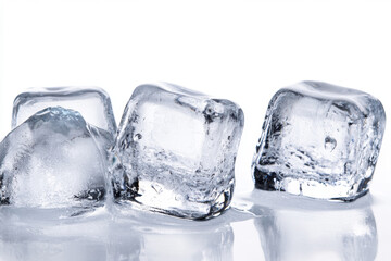 Crystal-clear ice cubes with light reflections, isolated on a white background. 