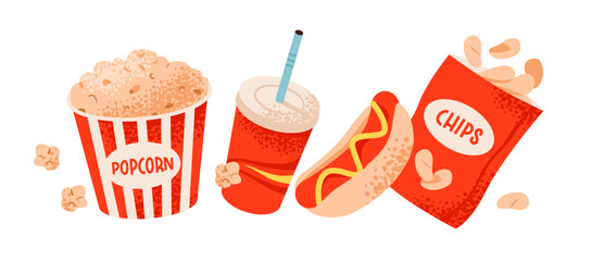 Cinema snack set. Popcorn, soda, and hotdog. Flat vector illustration of classic movie snacks.