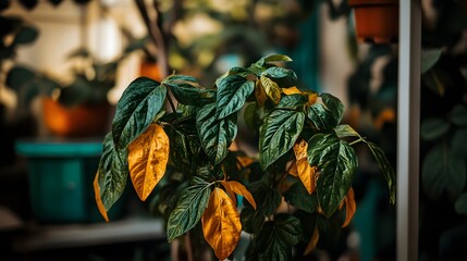 Vibrant Green Plant with Golden Leaves Closeup Photography