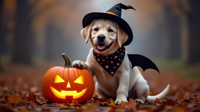 Puppy wearing a witch hat beside a carved pumpkin in autumn  