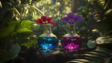 Enchanted Forest Potion Bottles: Magical Flowers in Glass Vases